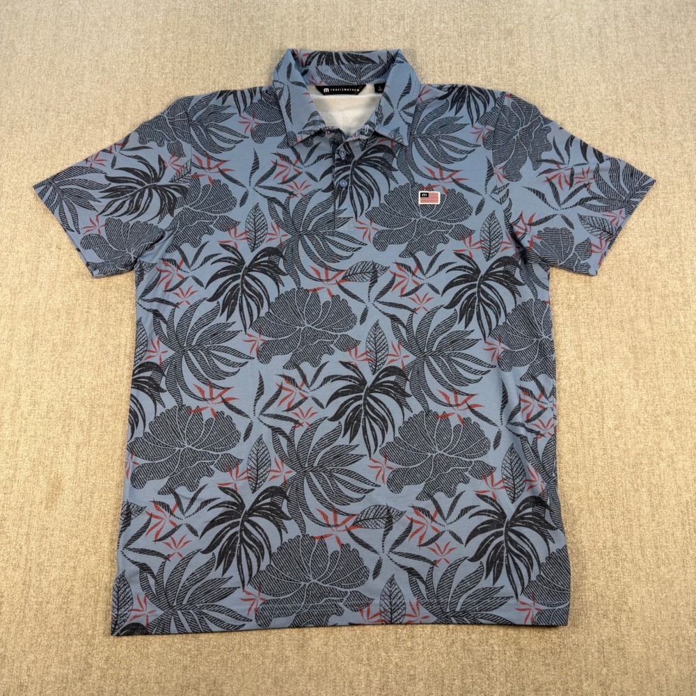 Travis Mathew Polo Shirt Mens Large Blue Tropical Floral Palm Leaf Print